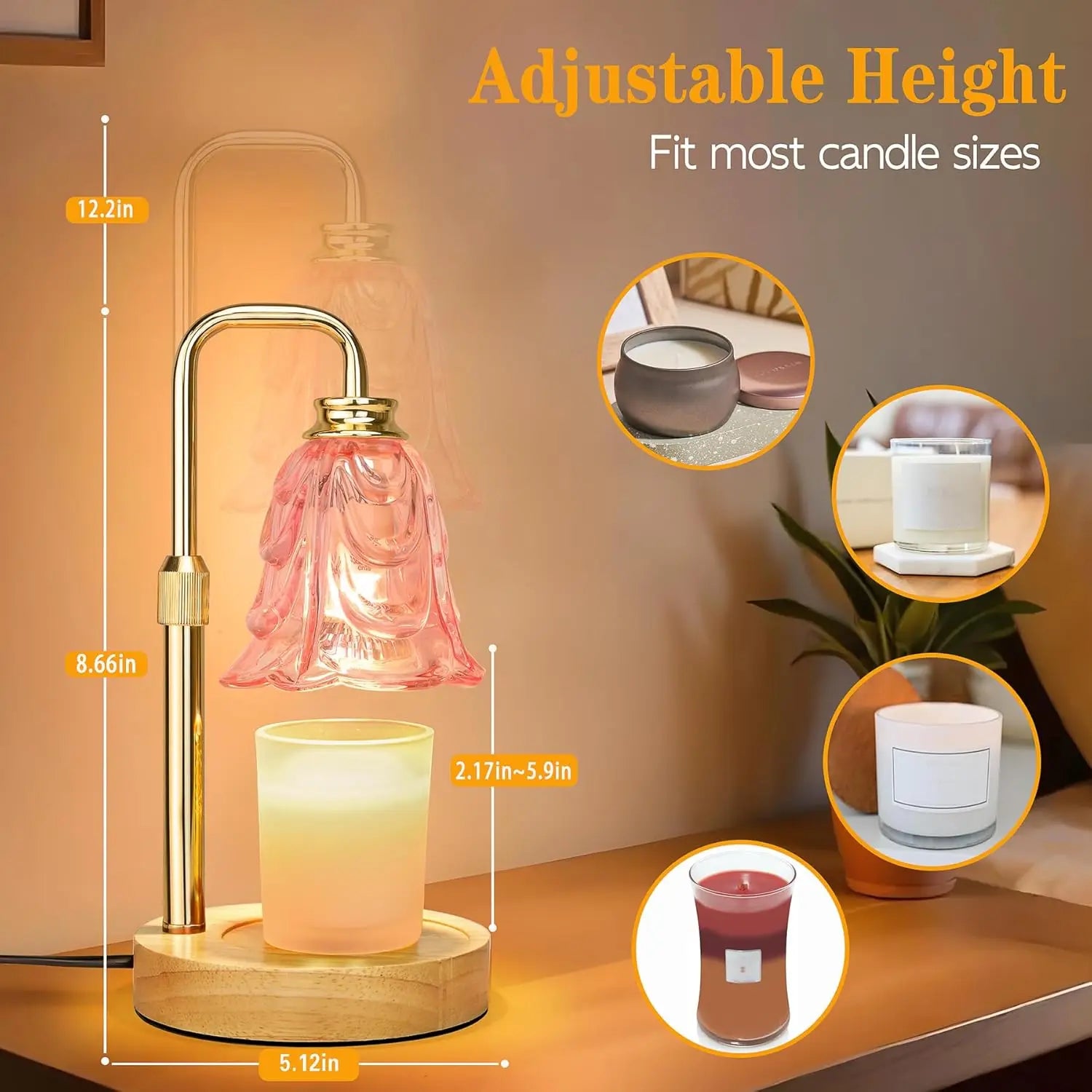 Candle Warmer Lamp with Timer Dimmer, Adjustable Height Pink Tulip Design, Flame-Free Safe for Home Decor and Gifts